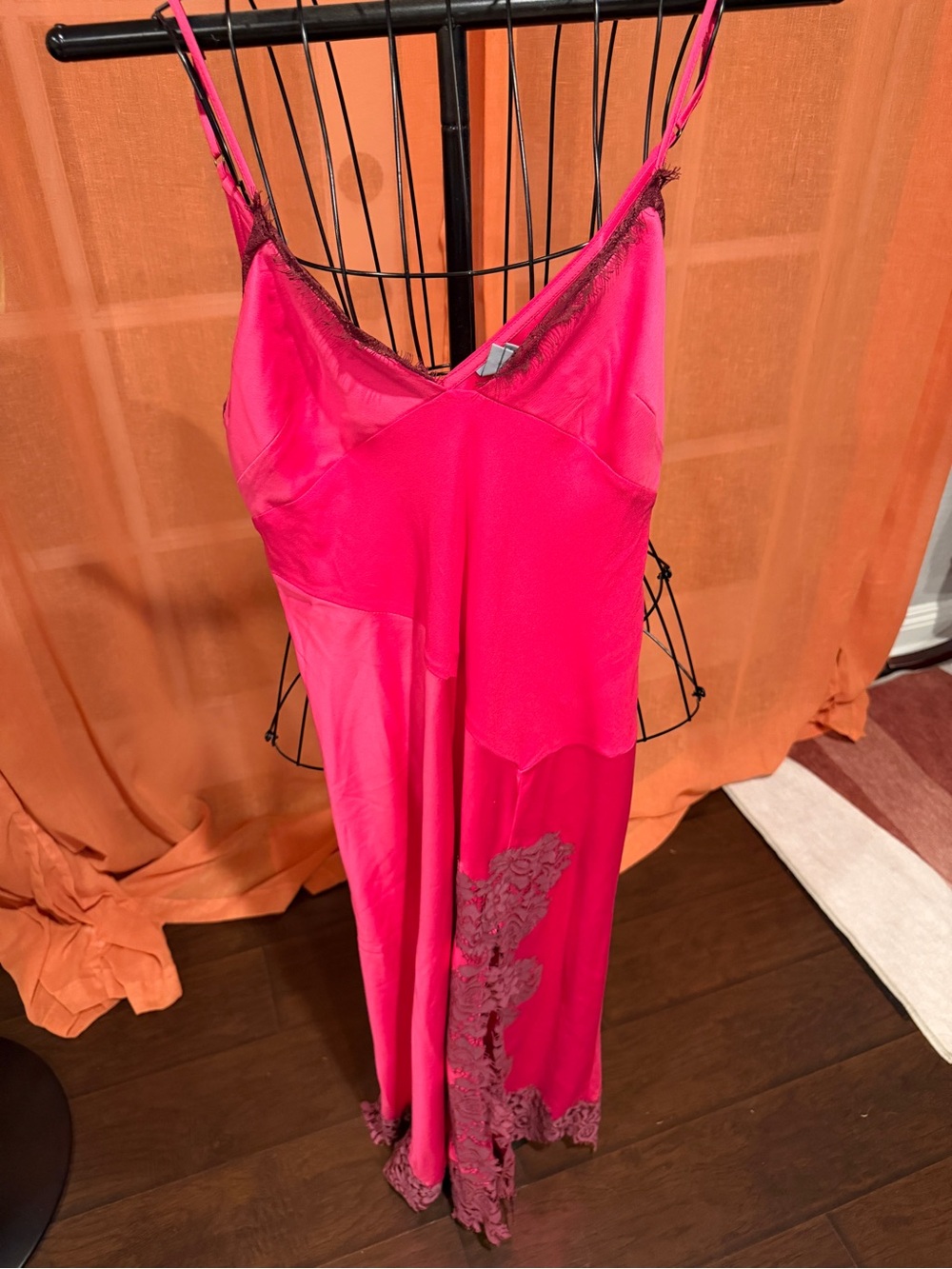 Satin Slip Maxi Dress in Hot Pink with Lace Trim